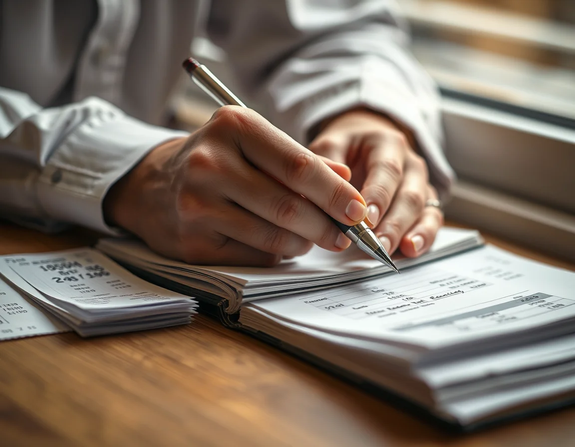 Close-up photo of a hand writing in a ledger notebook beside receipts, illustrating Bolt driver tax and bookkeeping