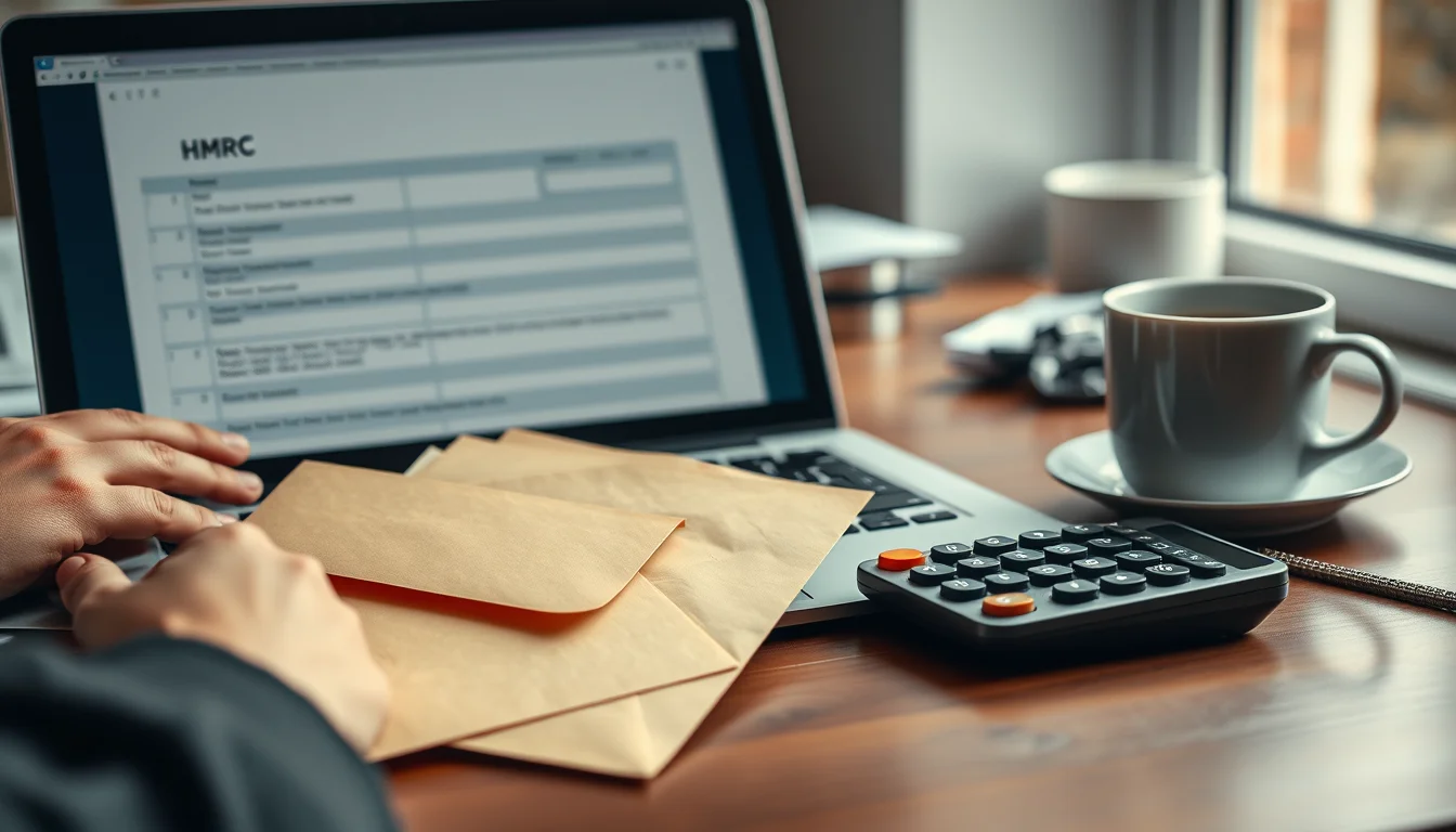 Photo of an official-looking letter and envelope beside a laptop showing a blurred tax form and a calculator illustrating Bolt Driver Tax UK