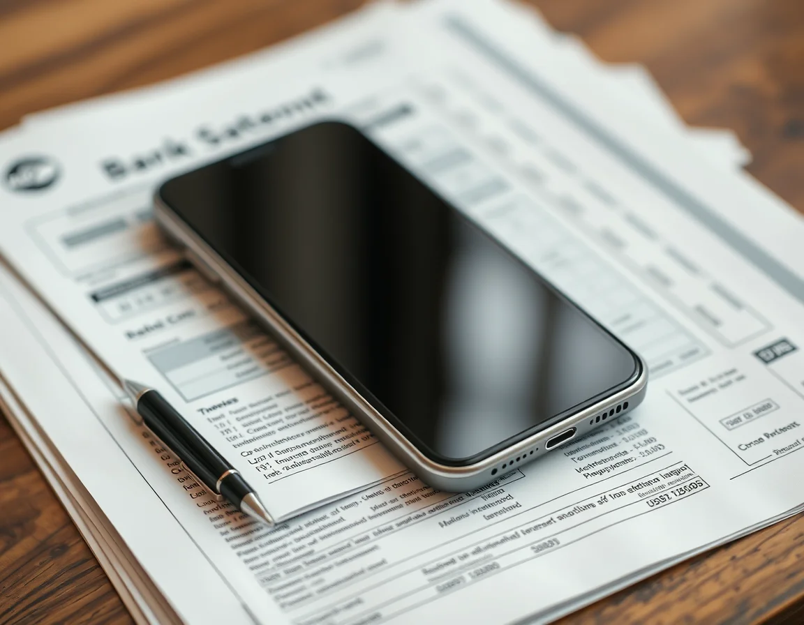 Close-up photo of a smartphone on printed bank statements beside a pen, illustrating Bolt driver tax in the UK for limited company clients