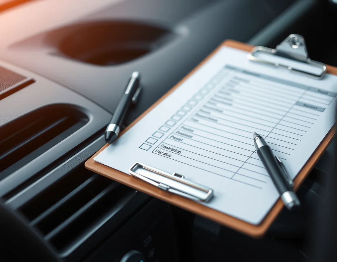 Close-up photo of a clipboard checklist on a car dashboard beside a pen, illustrating a mileage checklist for Newcastle drivers