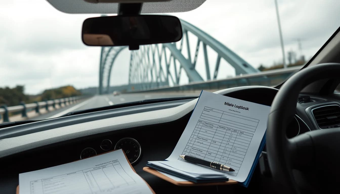 Photo of a car odometer, a mileage logbook and a checklist with the Tyne Bridge behind, illustrating a mileage checklist for Newcastle drivers