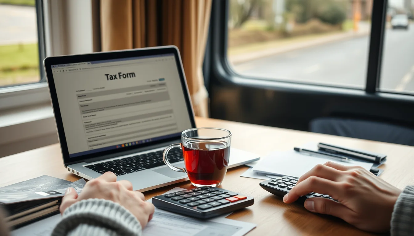 Photo of a desk with a laptop, tax papers and a calculator illustrating HMRC Ride-Hailing Driver Tax