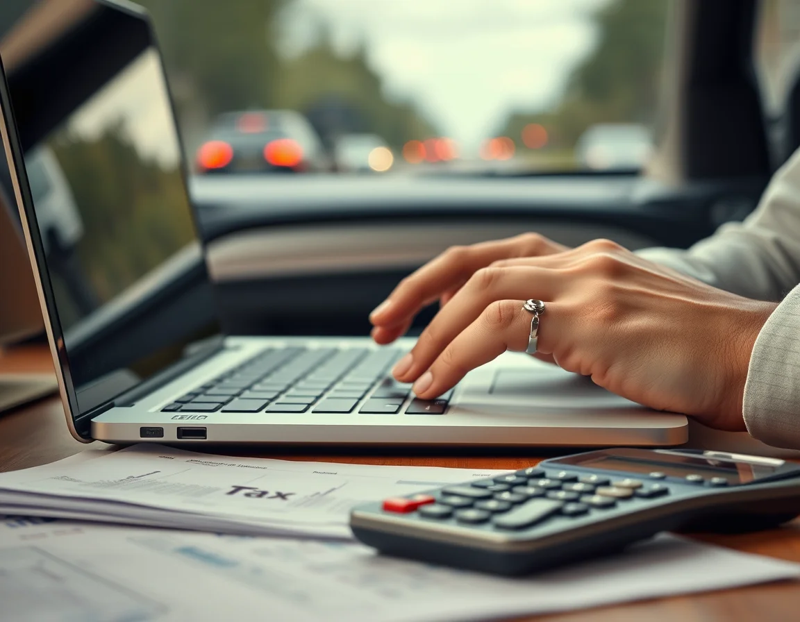 Close-up photo of a hand typing on a laptop beside tax papers illustrating HMRC Uber Driver Tax
