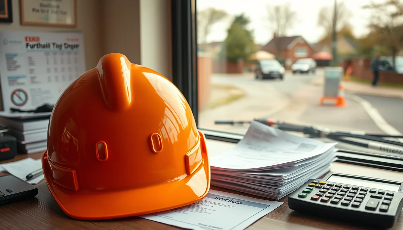 Photo of a hard hat and high-visibility vest beside invoices and a calculator illustrating HMRC and CIS Returns