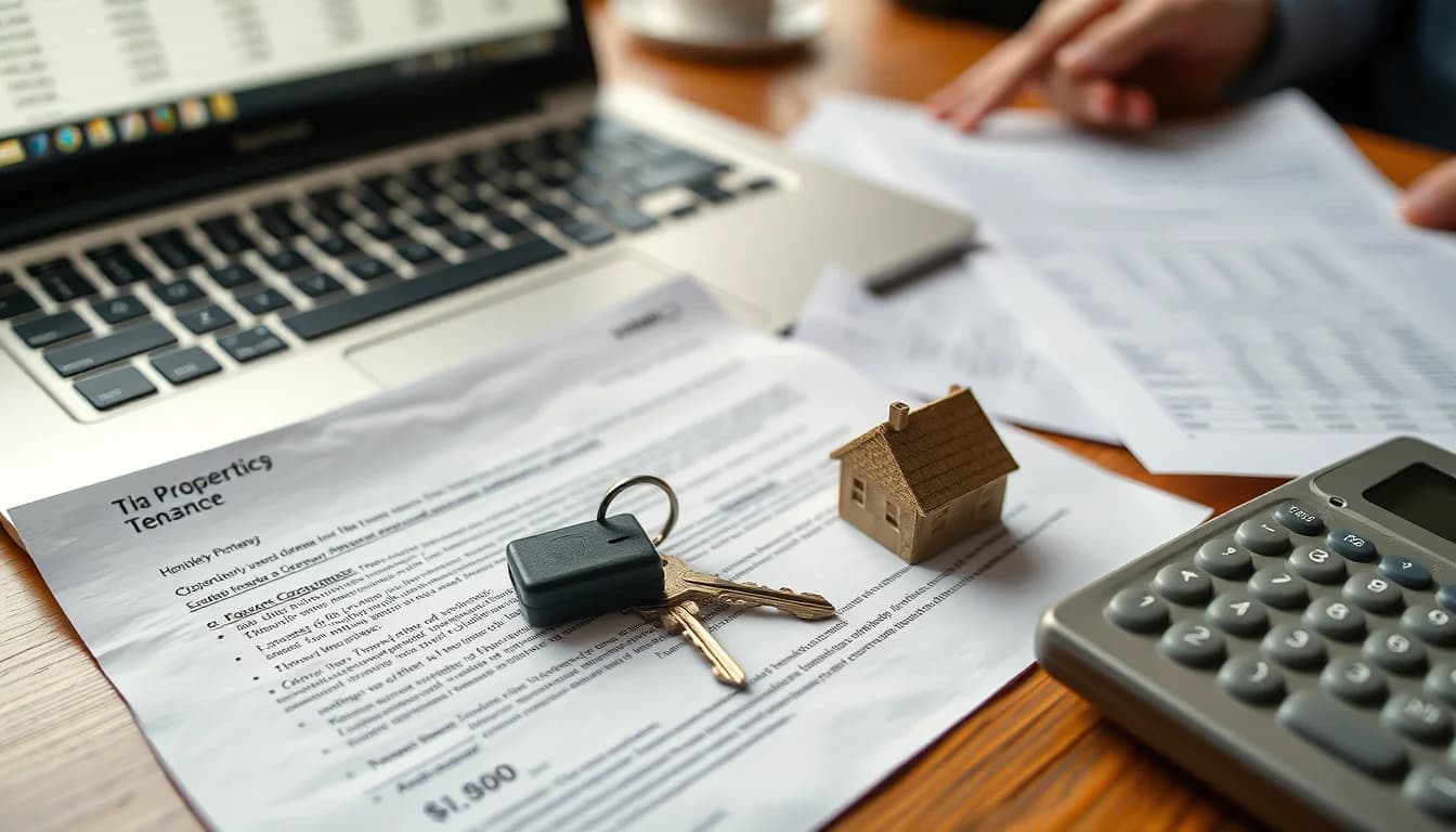 Photo of a house key on a tenancy document beside an official letter, a laptop and a calculator illustrating HMRC Landlord Tax