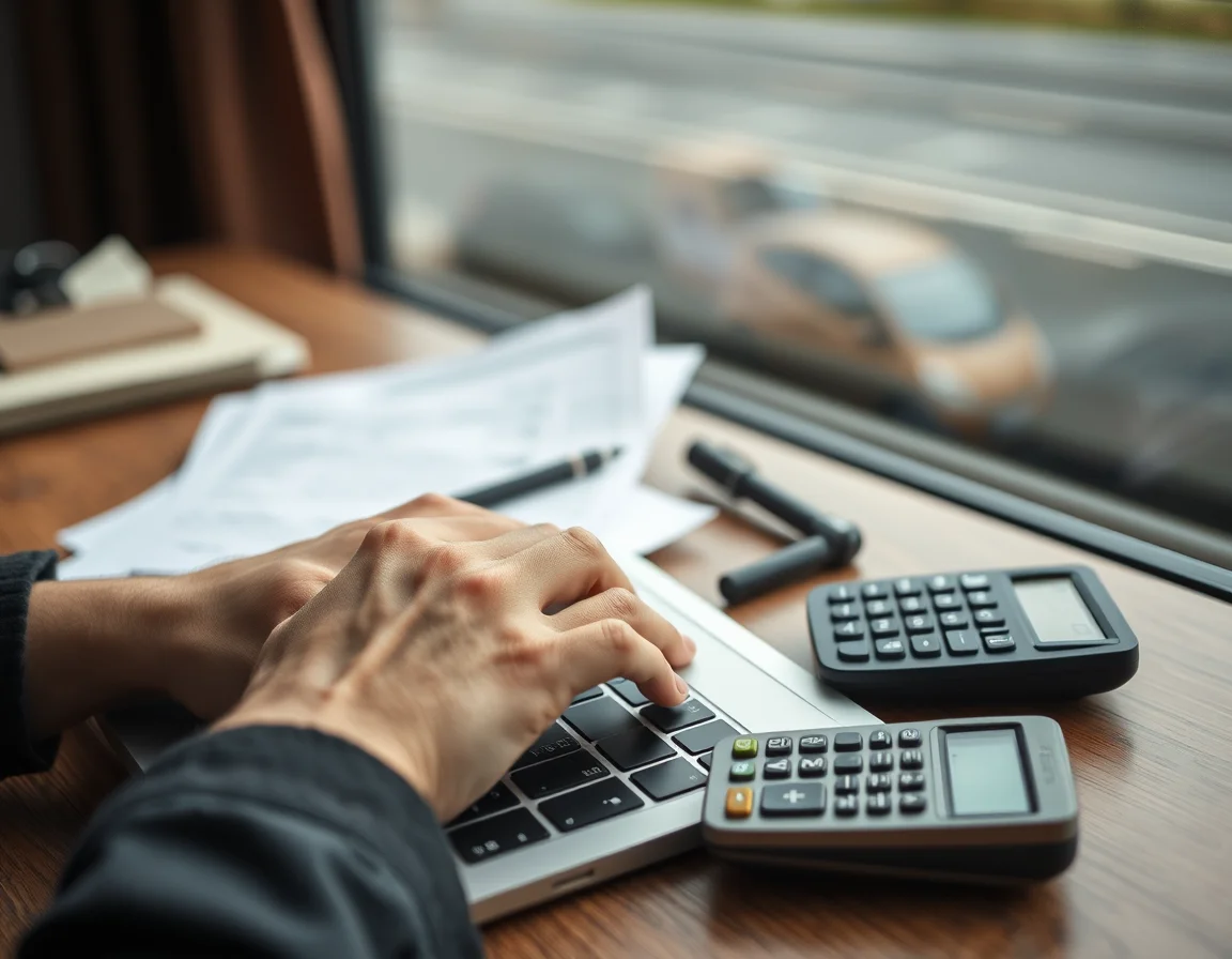 Close-up photo of a hand typing on a laptop beside tax papers illustrating HMRC Login Guide for Birmingham Private Hire Drivers