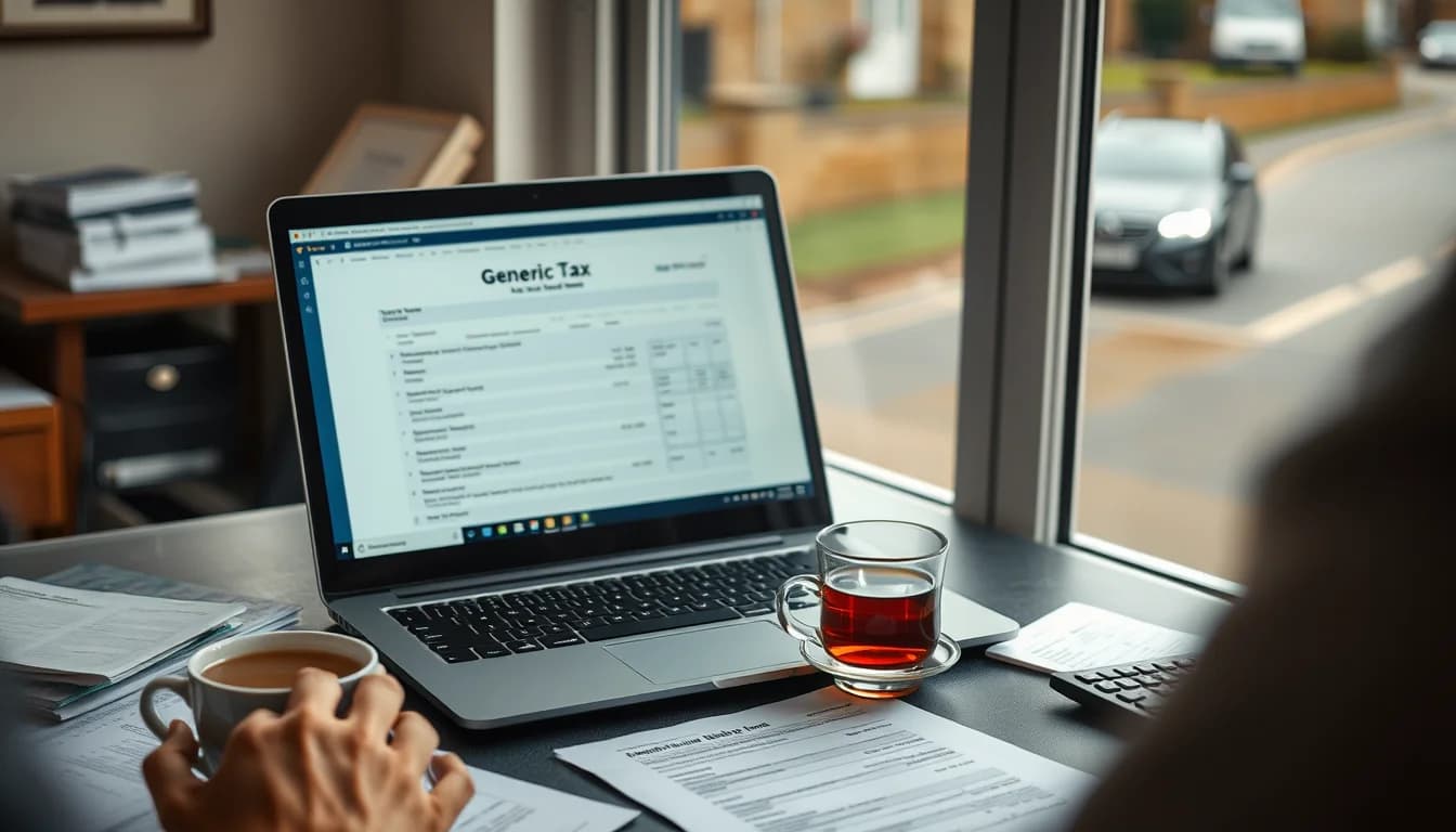 Photo of a desk with a laptop, tax papers and a calculator illustrating HMRC Login Guide for Birmingham Private Hire Drivers