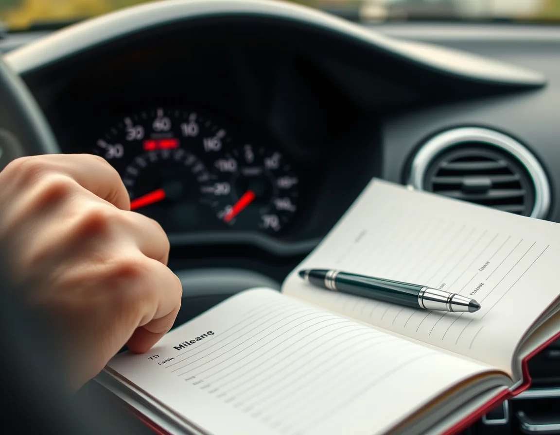 Close-up photo of a car odometer beside an open mileage logbook illustrating HMRC Mileage Log