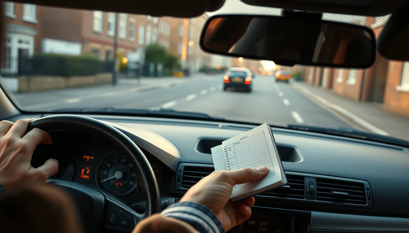 Photo of a car dashboard and a paper mileage logbook illustrating HMRC Mileage Log