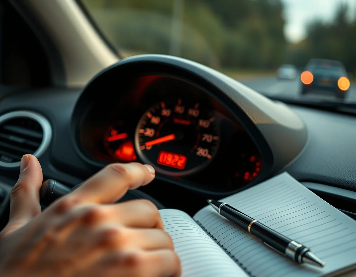 Close-up photo of a car odometer beside an open mileage logbook illustrating HMRC Mileage Rates 2026