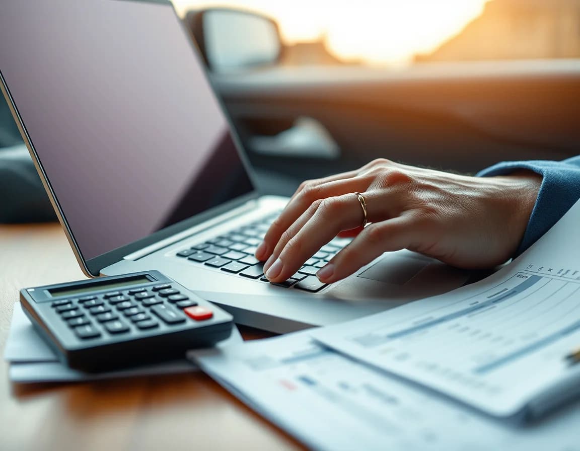Close-up photo of a hand typing on a laptop beside tax papers illustrating HMRC Login