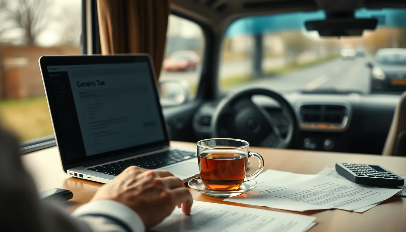 Photo of a desk with a laptop, tax papers and a calculator illustrating HMRC Login