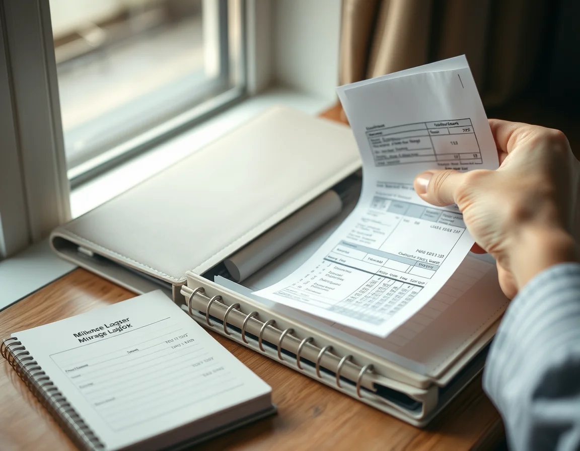 Close-up photo of a hand placing a receipt into a labelled folder beside a mileage logbook illustrating How Much Tax Do Uber Drivers Pay UK