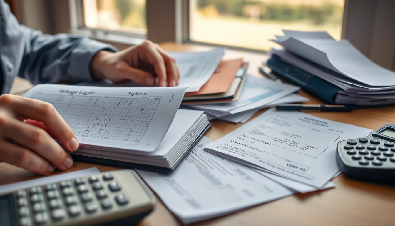 Photo of a desk with a mileage logbook, bank statements, receipts in labelled folders and a calculator illustrating How Much Tax Do Uber Drivers Pay UK