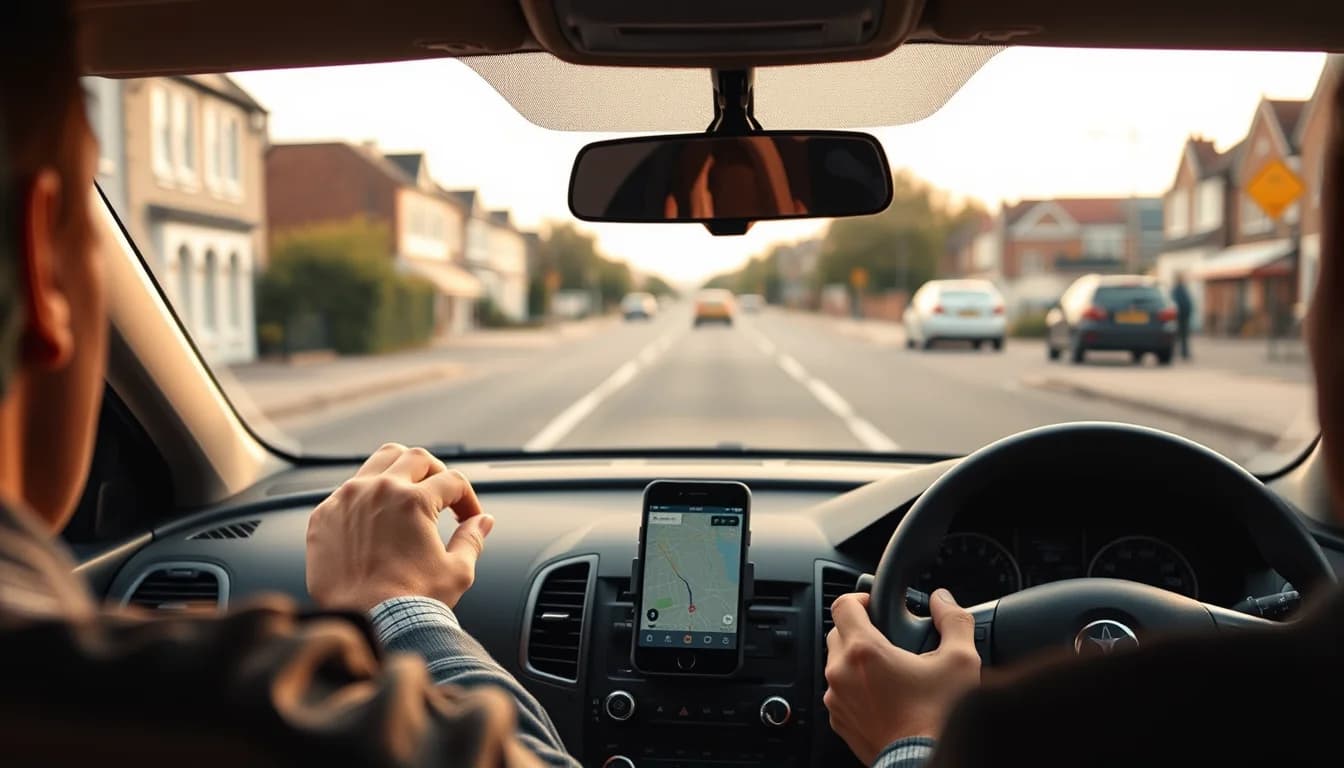 Photo from a driver's seat showing a phone mounted on the dashboard illustrating Key Tax Dates for Ride-Hailing Drivers (2026/27)