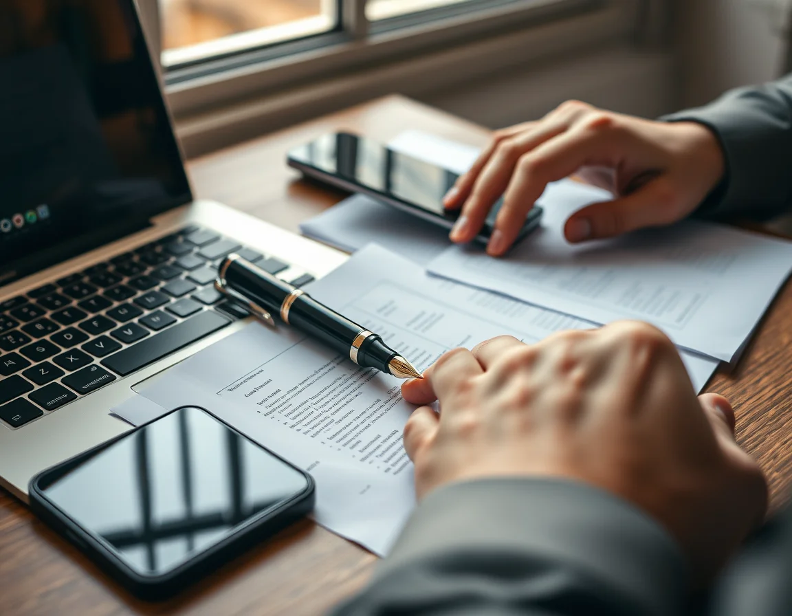 Close-up photo of a fountain pen on company documents beside a laptop keyboard, illustrating Making Tax Digital for limited company drivers