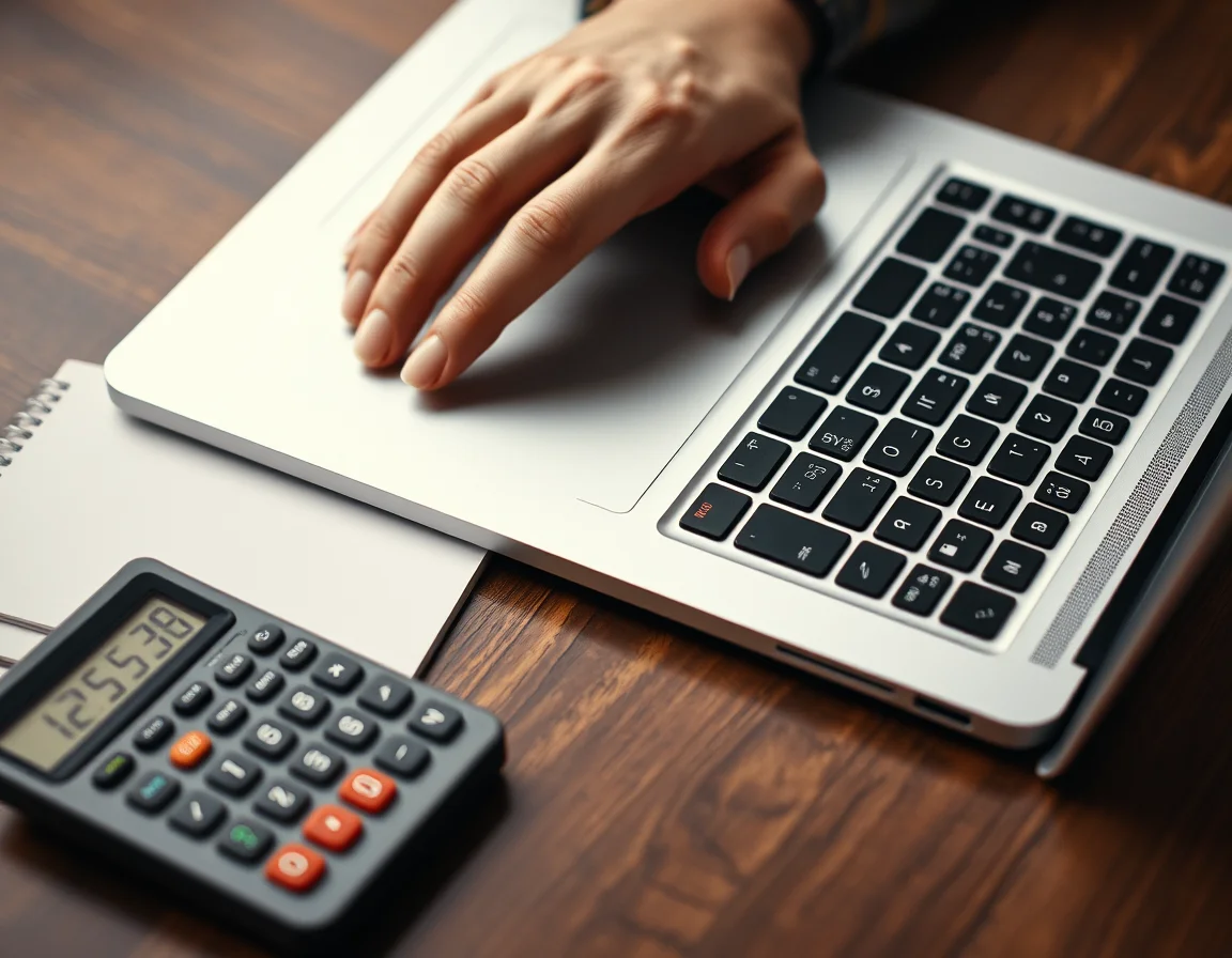 Close-up photo of a hand on a laptop keyboard beside a calculator and notepad, illustrating Making Tax Digital for VAT-registered Uber drivers