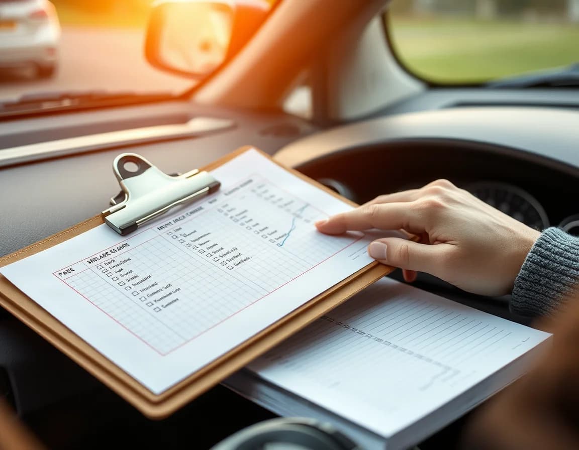 Close-up photo of a checklist clipboard on a car dashboard beside a mileage logbook illustrating Mileage Allowance 2026 in Bristol