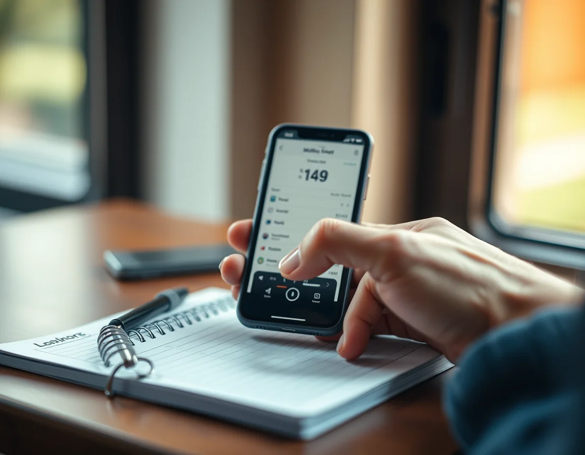 Close-up photo of a smartphone with a blurred tracking app resting on a paper mileage logbook illustrating Mileage Allowance HMRC