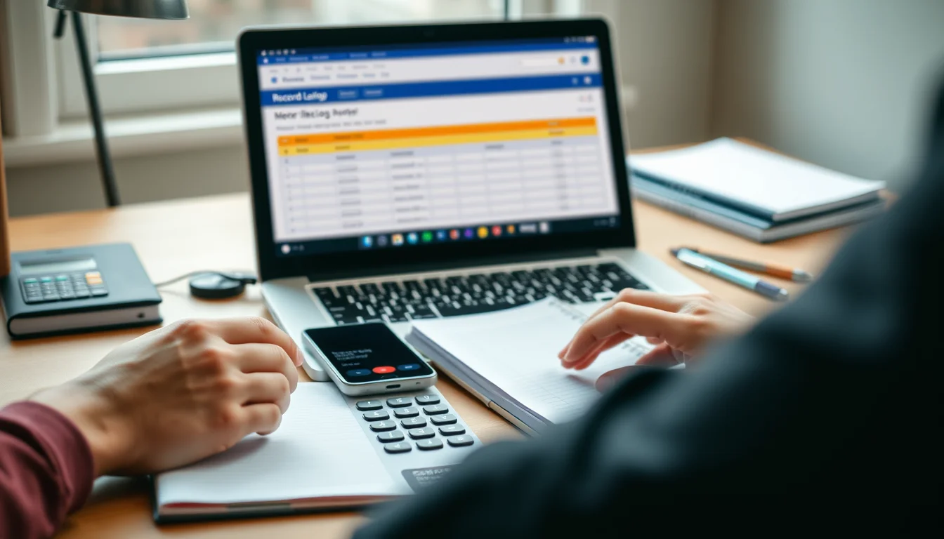 Photo of a laptop showing a blurred record-keeping app beside a smartphone, a small mileage logbook and a calculator illustrating Mileage Allowance HMRC