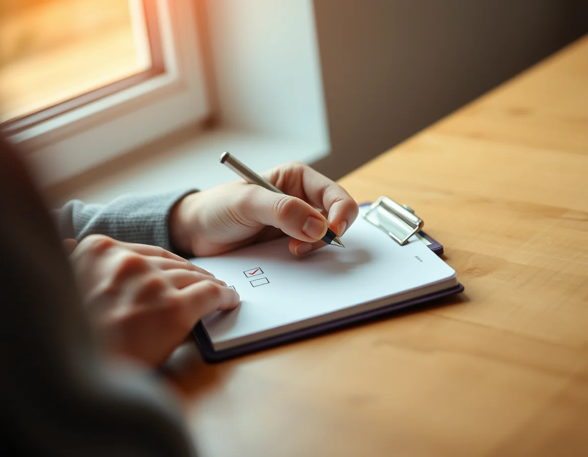 Close-up photo of a hand ticking a checklist on a clipboard beside a small mileage logbook illustrating Mileage Allowance HMRC