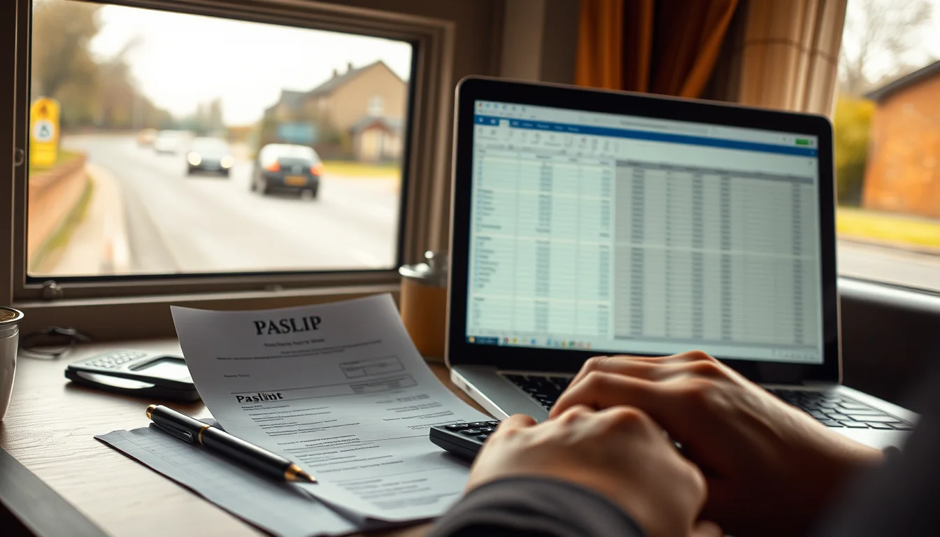 Photo of a payslip, a calculator and a laptop on a desk illustrating HMRC PAYE Payroll Set Up