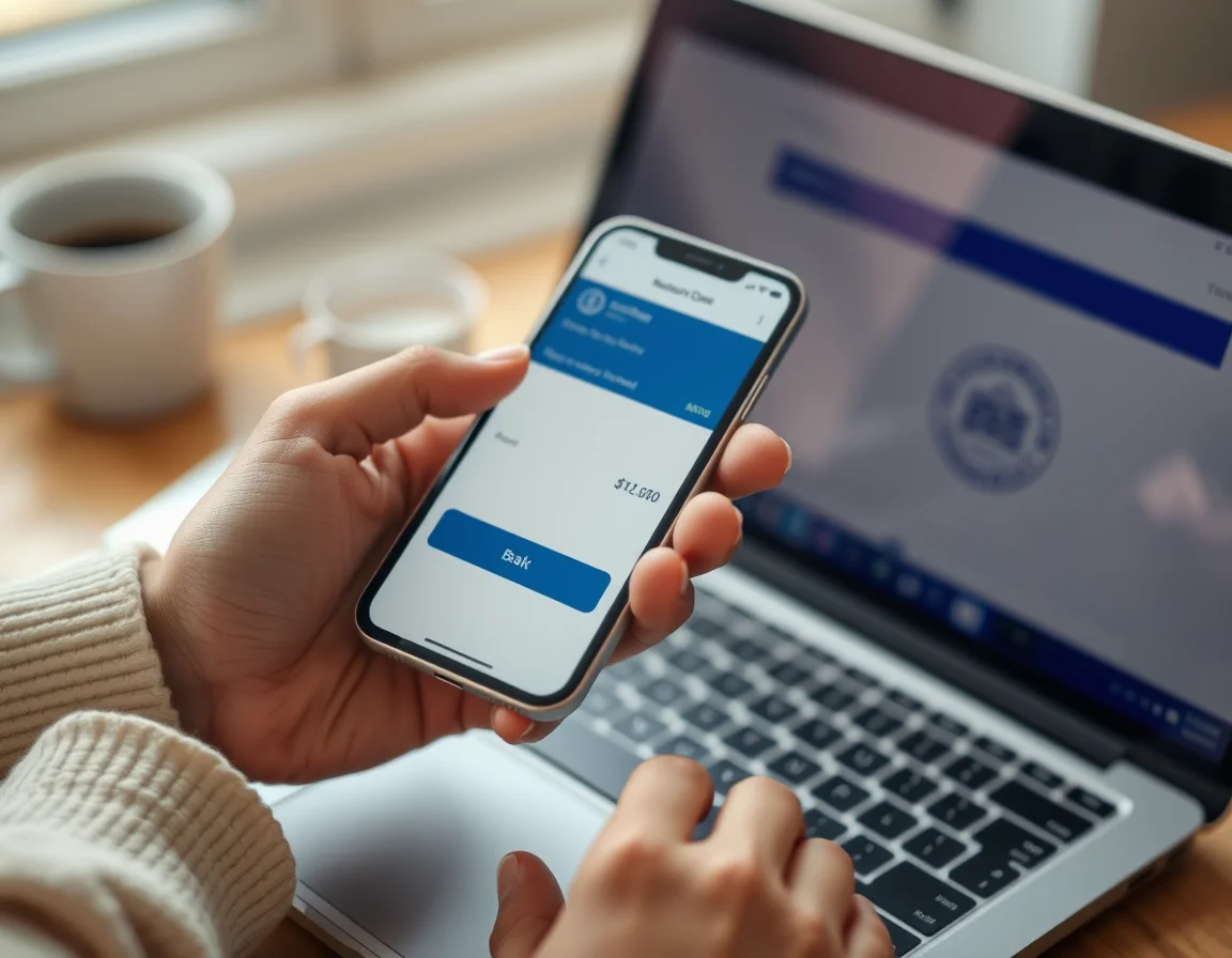 Close-up photo of a hand holding a smartphone showing a blurred payment confirmation above a laptop keyboard illustrating Paying Self Assessment Online in Birmingham