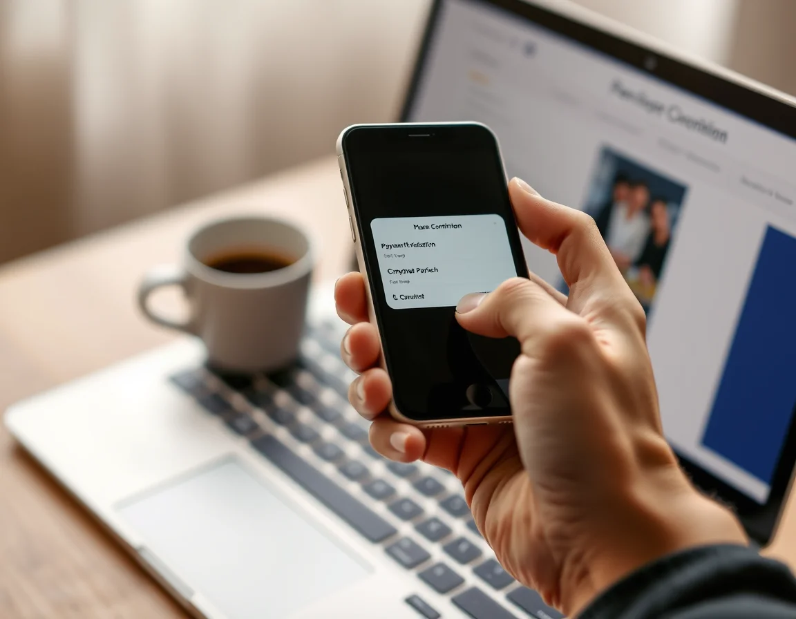 Close-up photo of a hand holding a smartphone with a blurred payment screen above a laptop, illustrating paying Self Assessment online in Cardiff
