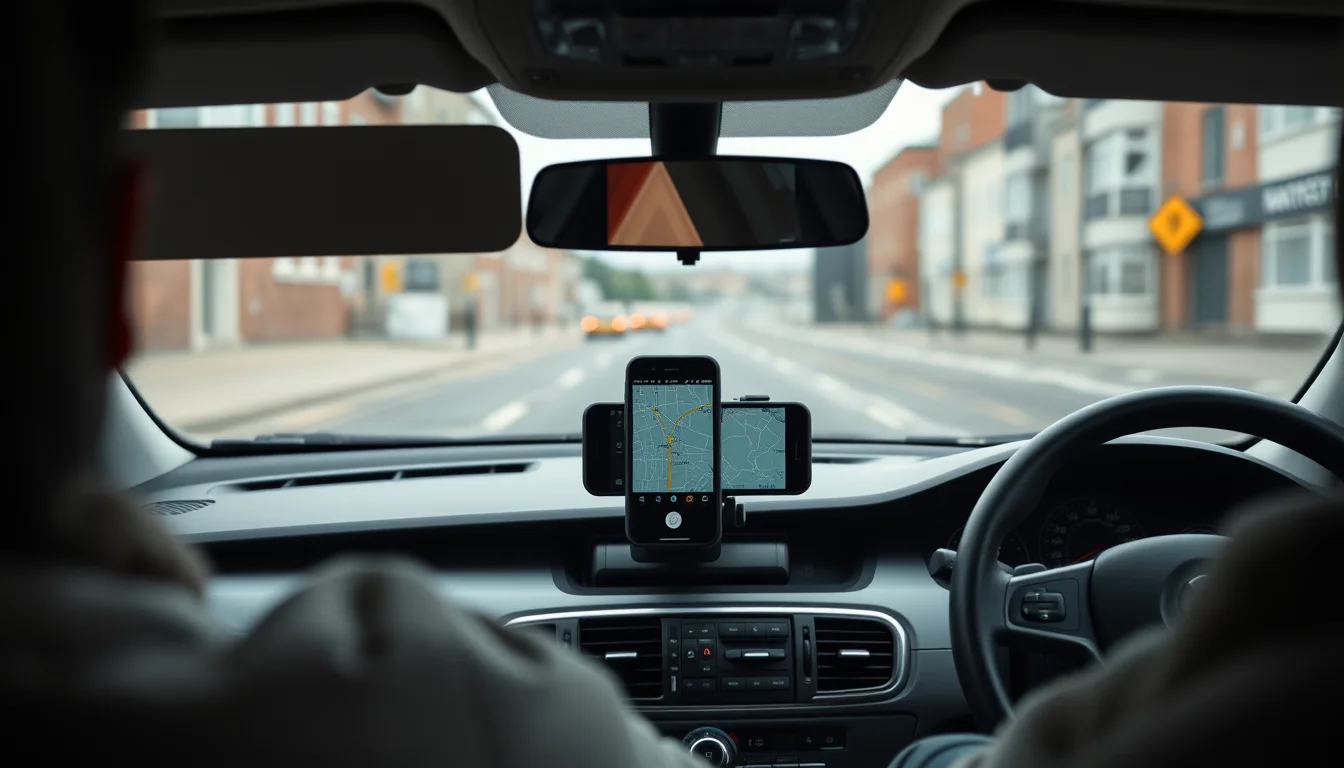 Photo from a driver's seat with a phone on the dashboard and Cardiff Bay in the background, illustrating paying Self Assessment online in Cardiff
