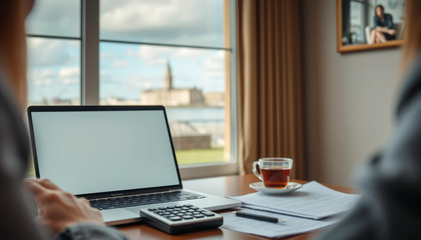 Photo of a laptop showing a blurred payment screen, a calculator and a cup of tea at a desk illustrating Paying Self Assessment Online in Liverpool