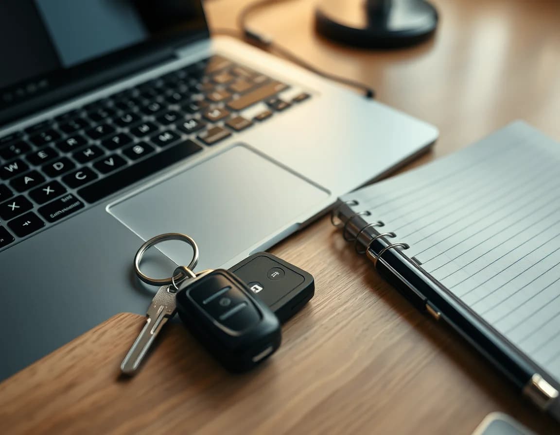 Close-up photo of car keys and a notebook beside a laptop keyboard, illustrating a private hire driver accountant in Birmingham
