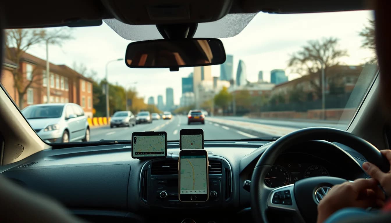 Photo from a driver's seat with a phone on the dashboard and the Birmingham skyline ahead, illustrating a private hire driver accountant in Birmingham
