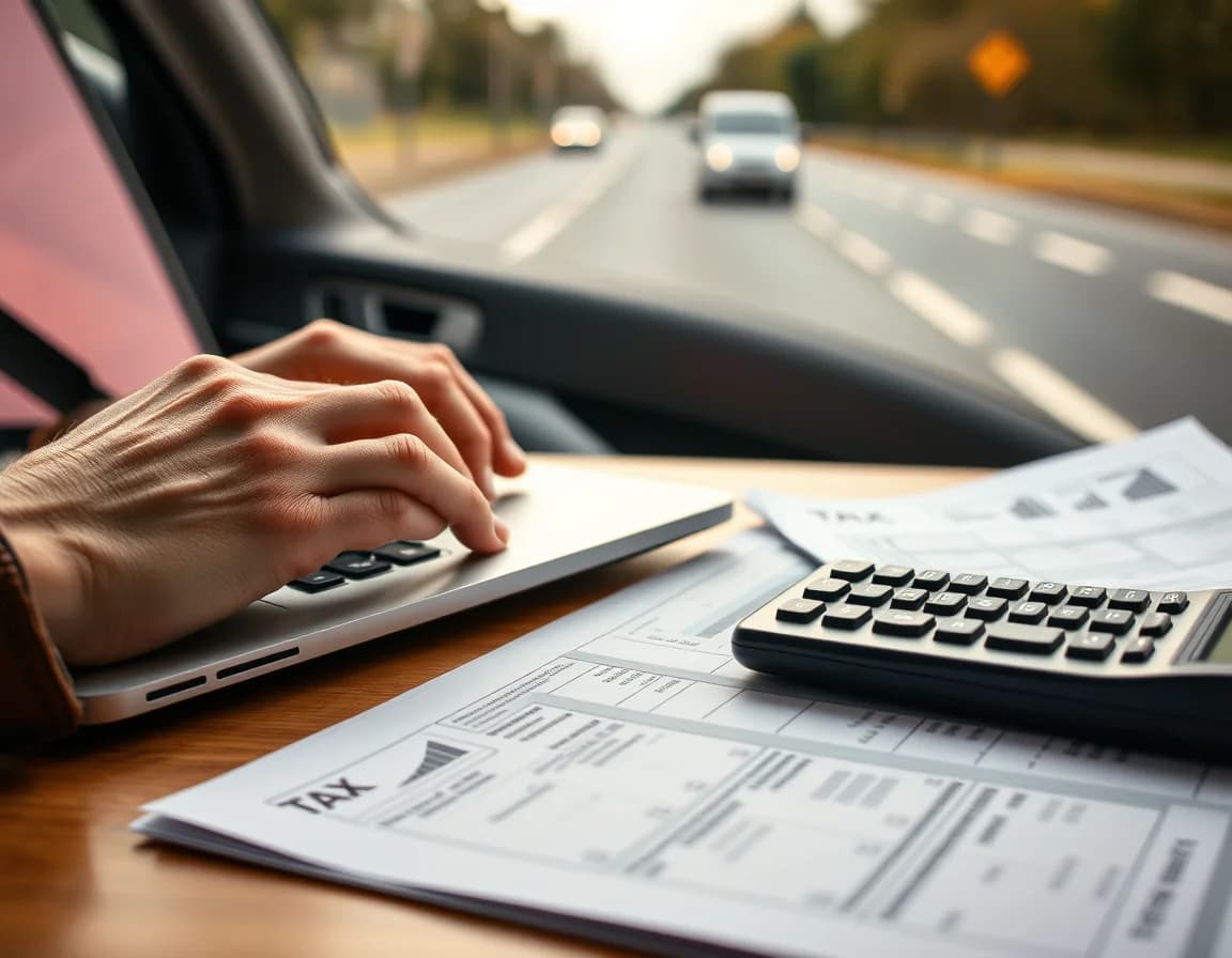 Close-up photo of a hand typing on a laptop beside tax papers illustrating Self Assessment HMRC for Scottish Taxpayer Drivers