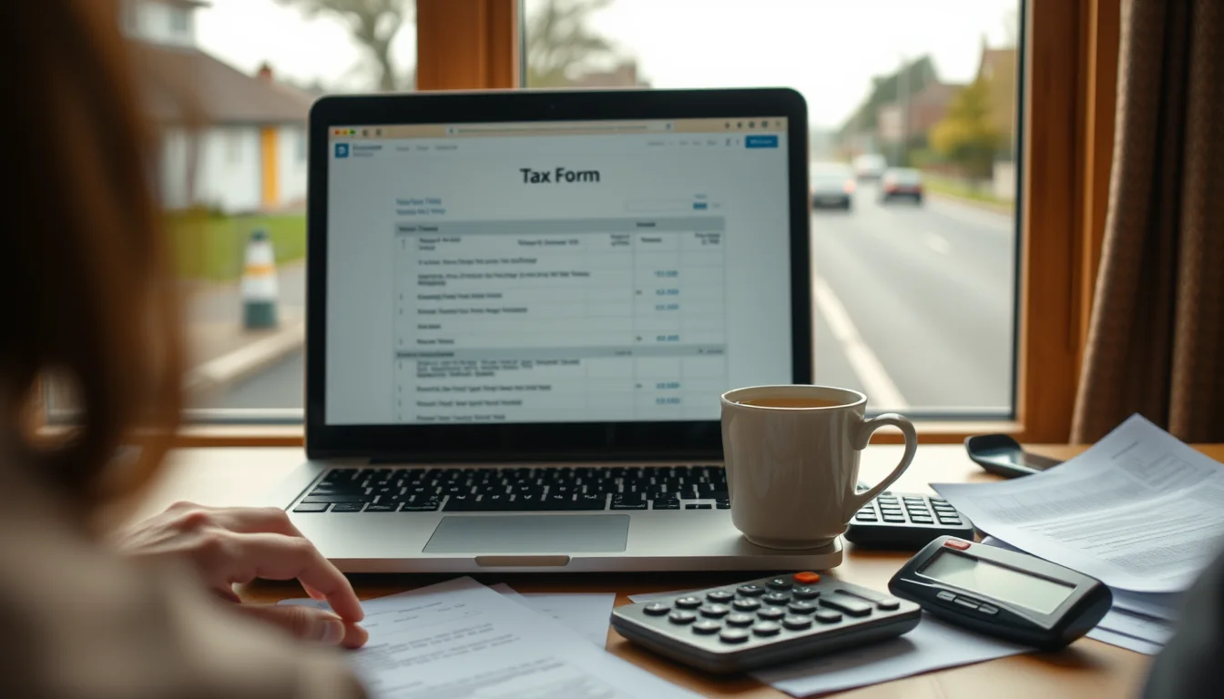 Photo of a desk with a laptop, tax papers and a calculator illustrating Self Assessment HMRC for Scottish Taxpayer Drivers