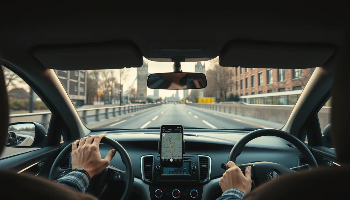 Photo from a driver's seat showing a phone mounted on the dashboard illustrating Self Assessment for London Uber Drivers