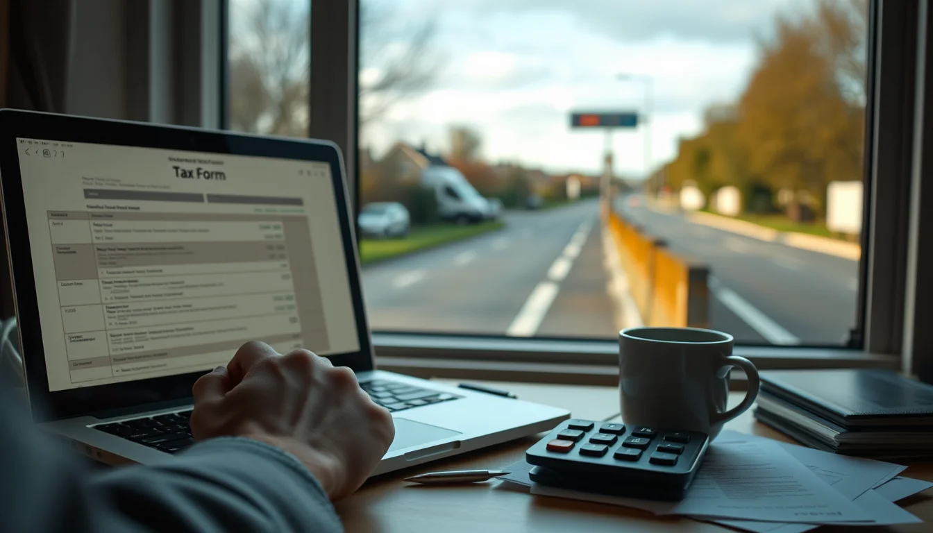 Photo of a desk with a laptop, tax papers and a calculator illustrating Self Assessment HMRC in Glasgow