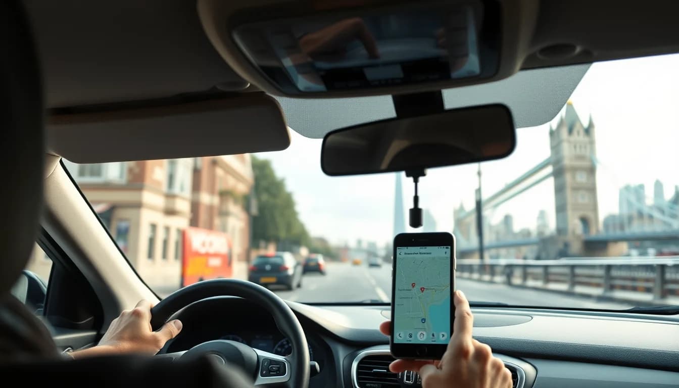 Photo from a driver's seat showing a phone mounted on the dashboard illustrating Self Assessment HMRC in London