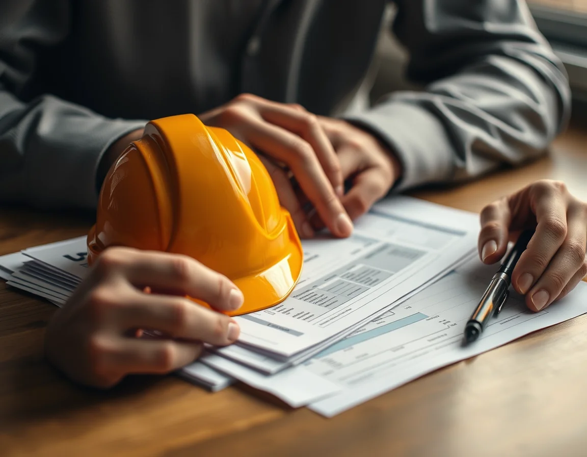 Close-up photo of a small hard hat on a stack of invoices beside a pen illustrating Self Assessment July 31 Deadline