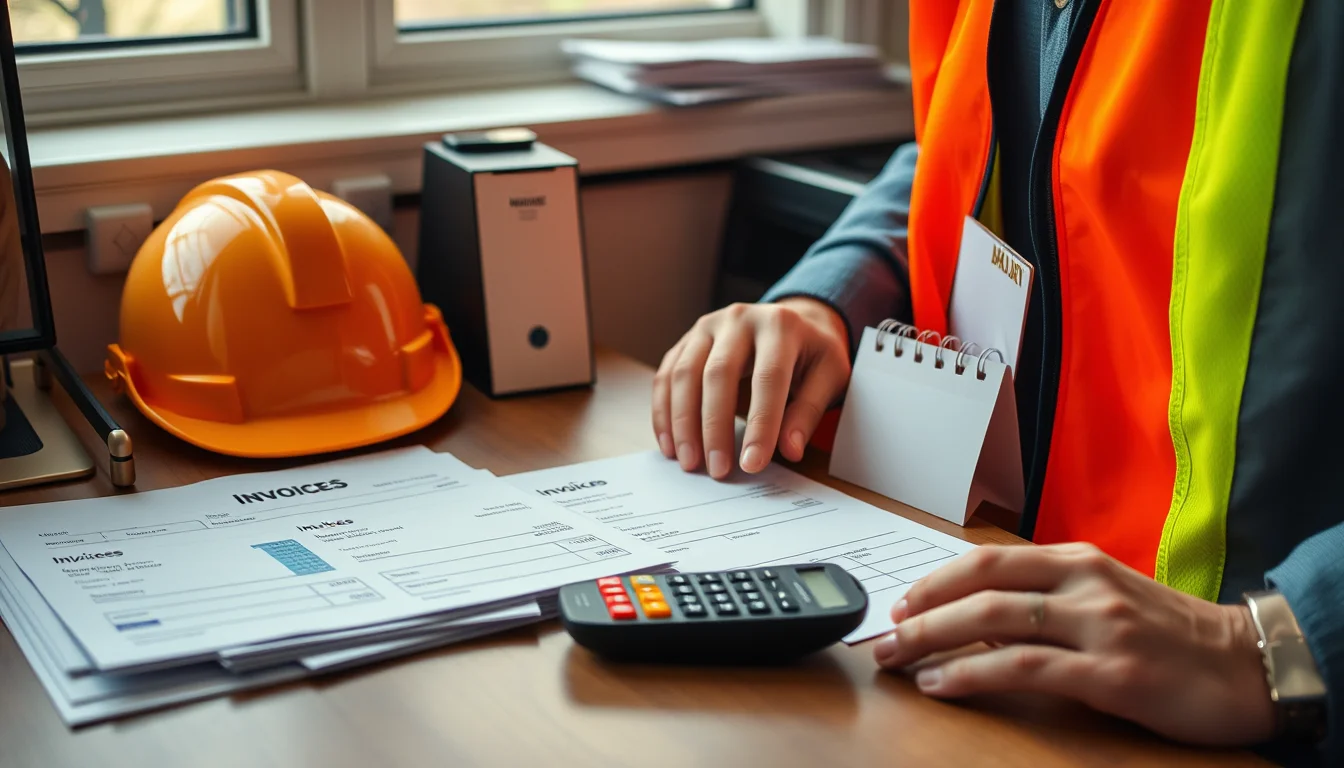 Photo of a hard hat and high-visibility vest beside invoices, a calculator and a desk calendar illustrating Self Assessment July 31 Deadline