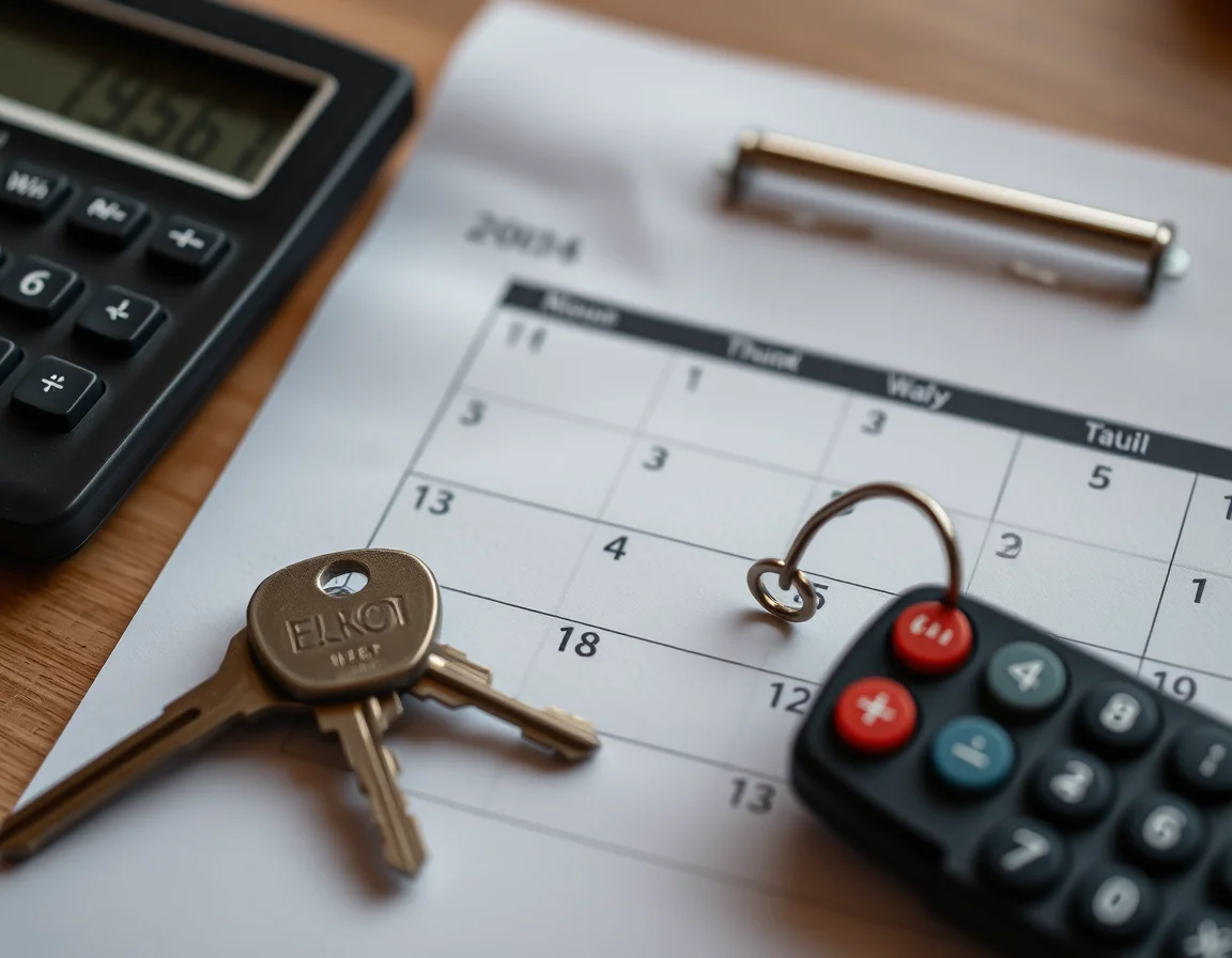 Close-up photo of a desk calendar beside a calculator and a house key, illustrating the 31 July payment on account for driver-landlords