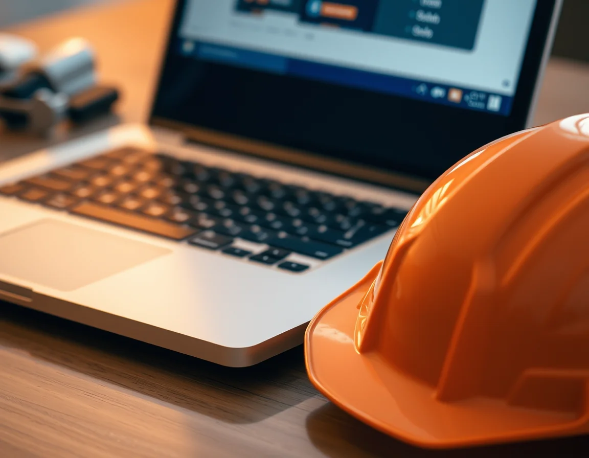 Close-up photo of a laptop keyboard with a small hard hat beside it, illustrating Self Assessment software for drivers with CIS income