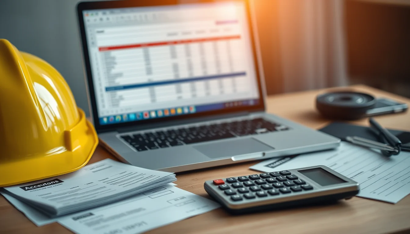 Photo of a laptop with a blurred spreadsheet beside a hard hat, invoices and a calculator, illustrating Self Assessment software for drivers with CIS income