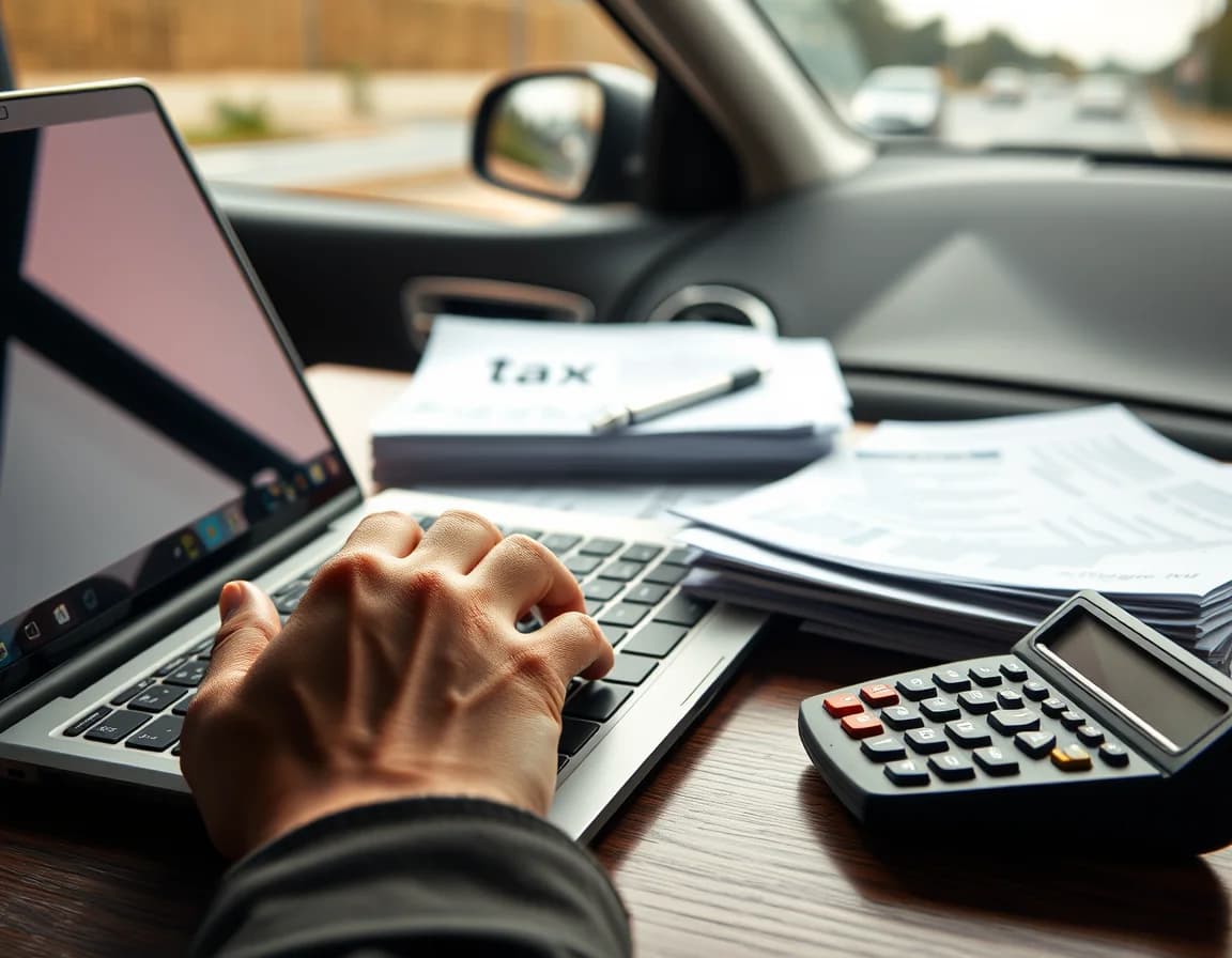 Close-up photo of a hand typing on a laptop beside tax papers illustrating Self Assessment Software