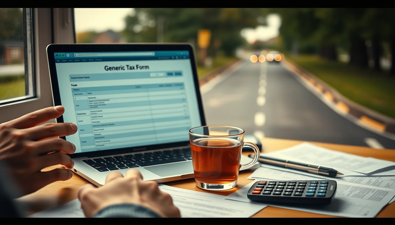 Photo of a desk with a laptop, tax papers and a calculator illustrating Self Assessment Software