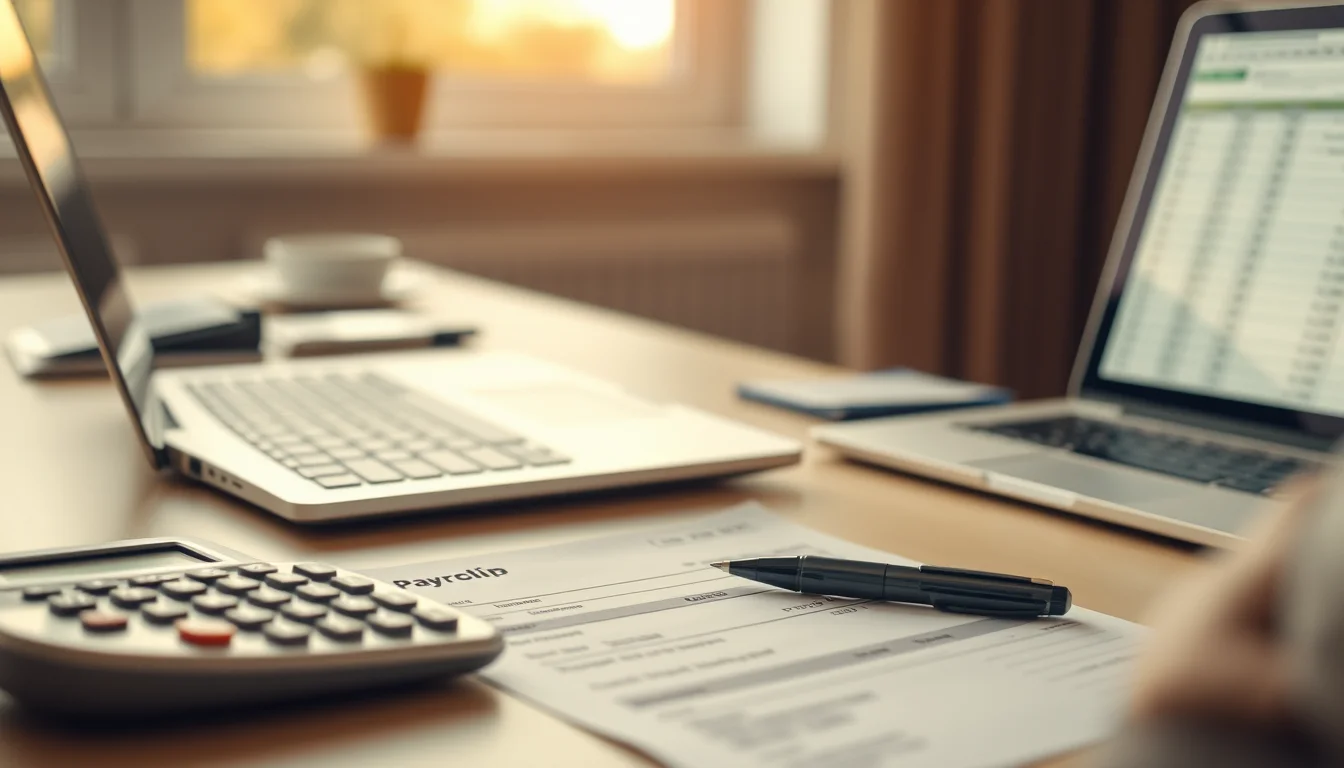Photo of a payslip, a calculator and a laptop on a desk illustrating Self Assessment Software