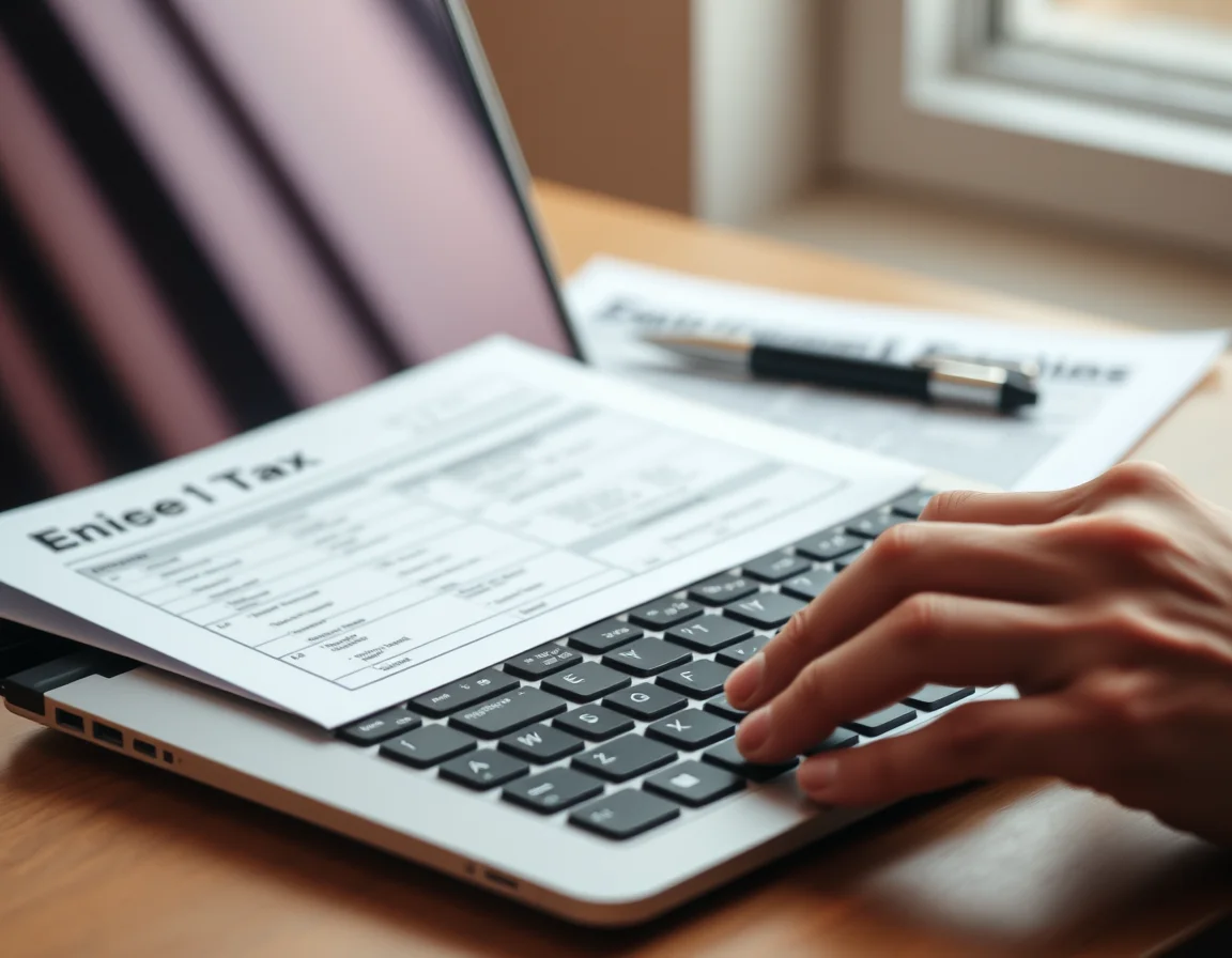 Close-up photo of a hand typing on a laptop beside a printed tax form illustrating Self Assessment Software