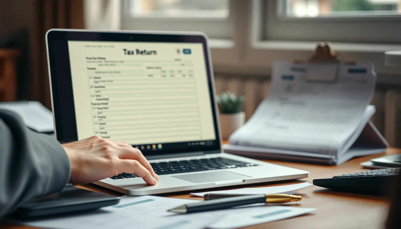 Photo of a desk with a laptop showing a blurred tax form, a printed form, a pen and a calculator illustrating Self Assessment Software