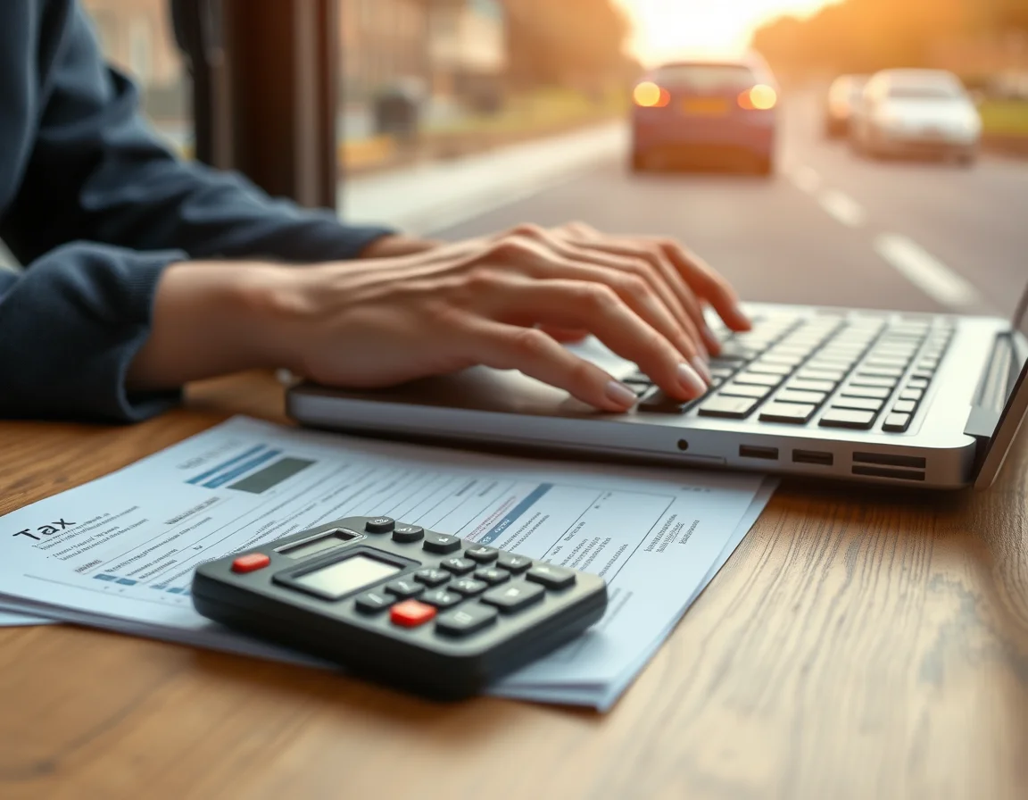 Close-up photo of a hand typing on a laptop beside tax papers illustrating Self Assessment vs Making Tax Digital
