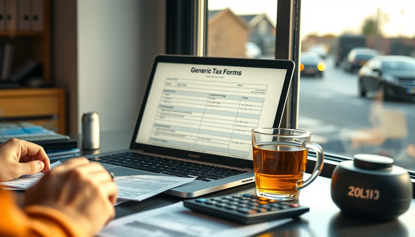 Photo of a desk with a laptop, tax papers and a calculator illustrating Self Assessment vs Making Tax Digital