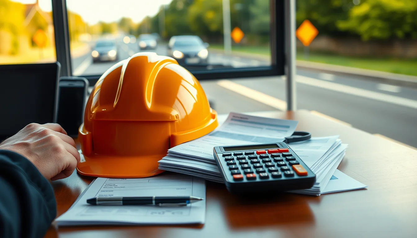 Photo of a hard hat and high-visibility vest beside invoices and a calculator illustrating Self Employed Uber Driver Tax